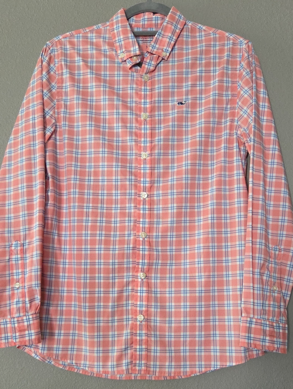 Vineyard Vines Performance Whale Shirt - Coral Pink/blue Plaid